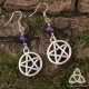 Boucles d'oreilles ésotériques Pentagramme de Sorcière argenté et Améthyste violet foncé, bijou médiéval wicca fait-main