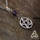 Collier ésotérique pour Sorcière orné d'un Pentagramme argenté et d'une perle d'Améthyste naturelle violette fait-main en Alsace