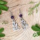 Boucles d'oreilles elfiques Art nouveau volutes végétales feuilles argentées et perle Améthyste violet foncé