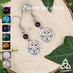Boucles d'oreilles ésotériques Pentagramme de Sorcière argenté et perles en Pierre naturelle, bijou médiéval wicca fait-main