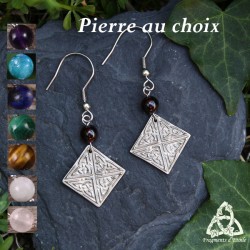 Boucles d'oreilles artisanales de style viking noeud celtique carré argenté et perles en Pierre naturelle.