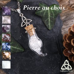 Collier féerique alchimie Fiole de verre en pointe et Triquetra argenté et éclats de pierre fine gemme mariage elfique