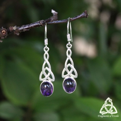 	Boucles d'oreilles noeud celtique Triquetra en Argent massif et pierre fine naturelle Améthyste violet transparent