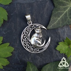 Pendentif ésotérique en Argent Lune entrelacs celtiques et chat de sorcière assis avec un collier pentagramme