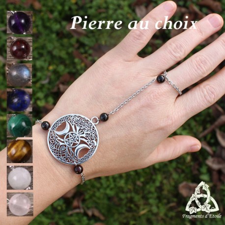 Bracelet de main médiéval et ésotérique Arbre de Vie, Triple Lune et Pentagramme argenté, entouré de pierres gemmes