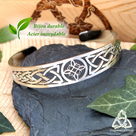 Bracelet viking mixte en acier inox orné d'un noeud celtique à quatre pointes et d'entrelacs, pour mariage médiéval