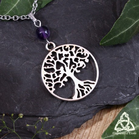 Collier ésotérique et médiéval fantasy Arbre de Vie argenté et perle d'Améthyste violet foncé, pour mariage ou festival