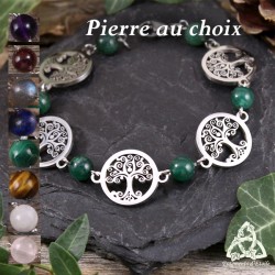 Bracelet ésotérique Arbre de Vie Déesse Gaïa argenté en acier inoxydable et pierre naturelle, médiéval fantasy