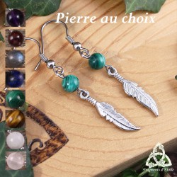 Boucles d'oreilles féeriques en acier inox ornée d'une Plume argentée et Pierre gemme naturelle, médiéval fantasy