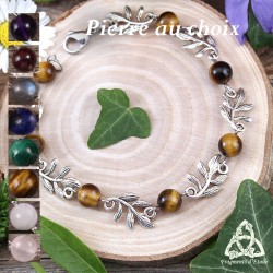 	Bracelet féerique petites Feuilles Elfiques argentées et perles en pierre naturelle grenat rouge foncé médiéval Art Nouveau