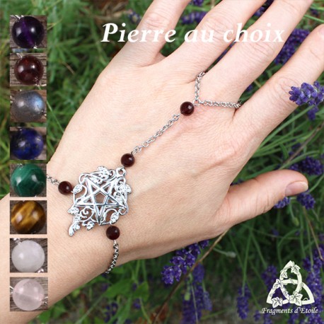 Bracelet de main en acier inoxydable médiéval fantasy ou Sorcière orné d'une Etoile aux volutes végétales et pierre gemme
