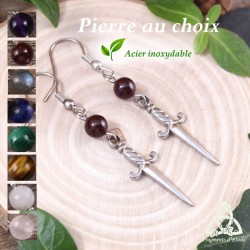 Boucles d'oreilles ésotérique en acier inox, ornées d'un Athamé, Dague rituelle de la Sorcière et Pierre gemme