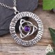 Collier viking en acier inoxydable Cercle 24 Runes et Triquetra celtique avec Améthyste violette, pour homme ou femme.