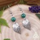 Boucles d'oreilles elfiques en acier inoxydable ornées de feuilles argentées et Malachite verte pour mariage médiéval fantasy