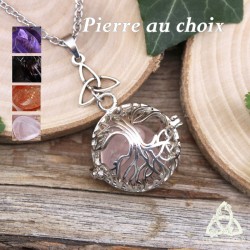 Collier celtique Arbre de Vie féerique boule argenté qui s'ouvre avec pierres roulées naturelles. Bijou elfique fait-main.