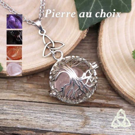 Collier celtique Arbre de Vie féerique boule argenté qui s'ouvre avec pierres roulées naturelles. Bijou elfique fait-main.