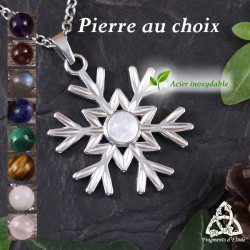 Collier Neige Féerique orné d'un flocon argenté en acier inox et Pierre naturelle, style médiéval fantasy, pour Noël