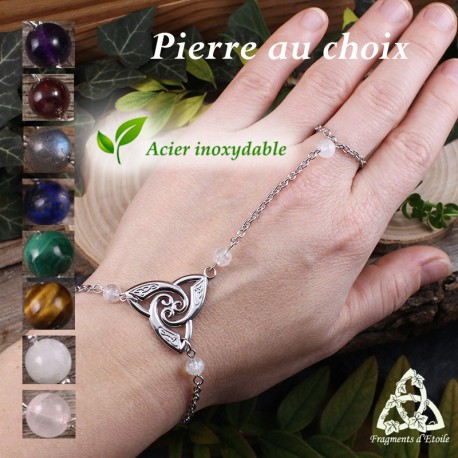 Bracelet de main féerique Triquetra ornée d'entrelacs en acier inoxydable et Pierre naturelle, pour mariage médiéval