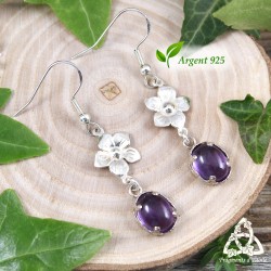 Boucles d'oreilles féeriques et nature en Argent 925 ornée d'une Fleur elfique et d'une Améthyste violette