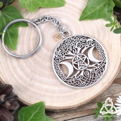 Porte clés ésotérique pour Sorcière orné d'un Arbre de Vie avec au centre une Triple Lune et un Pentagracle argenté.