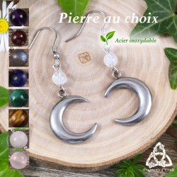 Boucles d'oreilles Witchy et ésotériques en acier inoxydable ornées  d'un croissant de lune argenté et pierre gemme naturelle
