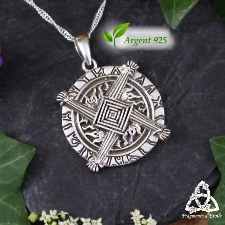 Pendentif Croix de Brigid en argent 925 et sa chaine torsadée, symbole irlandais de protection, bijou pour homme ou femme